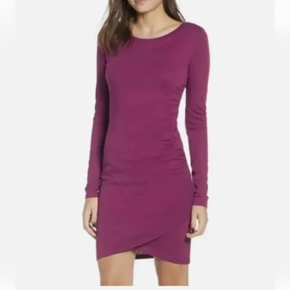 New Leith Ruched Slimming Faux Wrap Jersey Bodycon Dress Long Sleeve